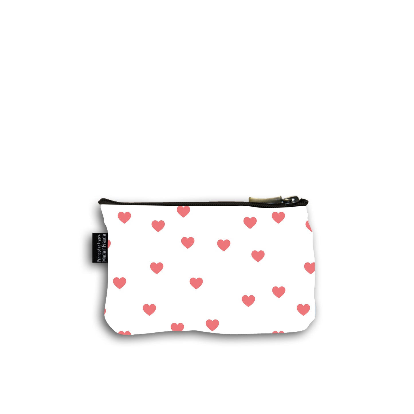 Dos de la pochette en coton de 10 centimètres par 15 centimètres. Le motif de la pochette représente des cœurs roses. Pochette avec un zip noir et un curseur couleur bronze.