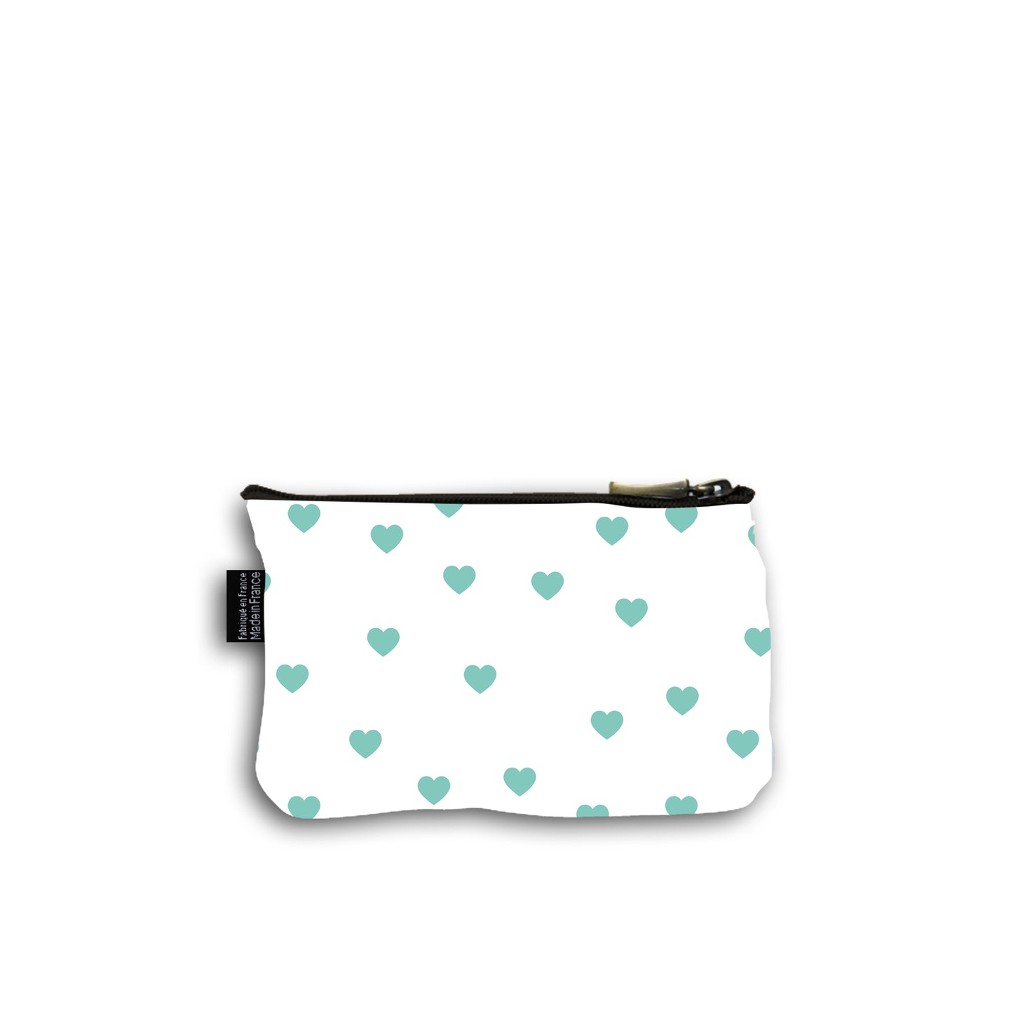 Dos de la pochette en coton de 10 centimètres par 15 centimètres. Le motif de la pochette représente des cœurs turquoises. Pochette avec un zip noir et un curseur couleur bronze.