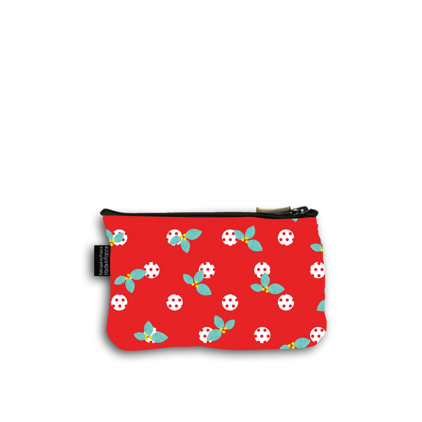 Dos de la pochette en coton de 10 centimètres par 15 centimètres .  Le fond du motif de la pochette est rouge avec des pois rouges et des plus gros pois blanc surmonté de feuilles de houx turquoises avec des petites baies jaunes.  Pochette avec un zip noir et un curseur couleur bronze.