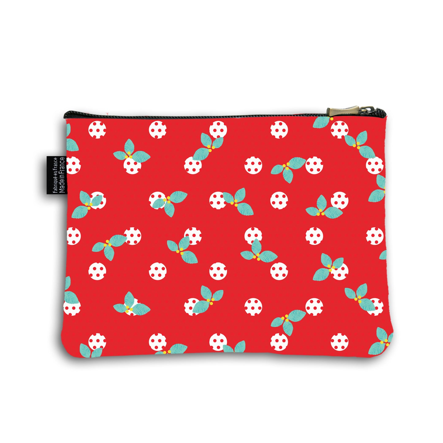 Dos de la pochette en coton de 18 centimètres par 23,50 centimètres. Pochette avec un zip noir et un curseur couleur bronze. Le fond de la trousse est couleur rouge avec des petits pois rouge et des feuilles de houx bleu turquoise et baies jaunes.