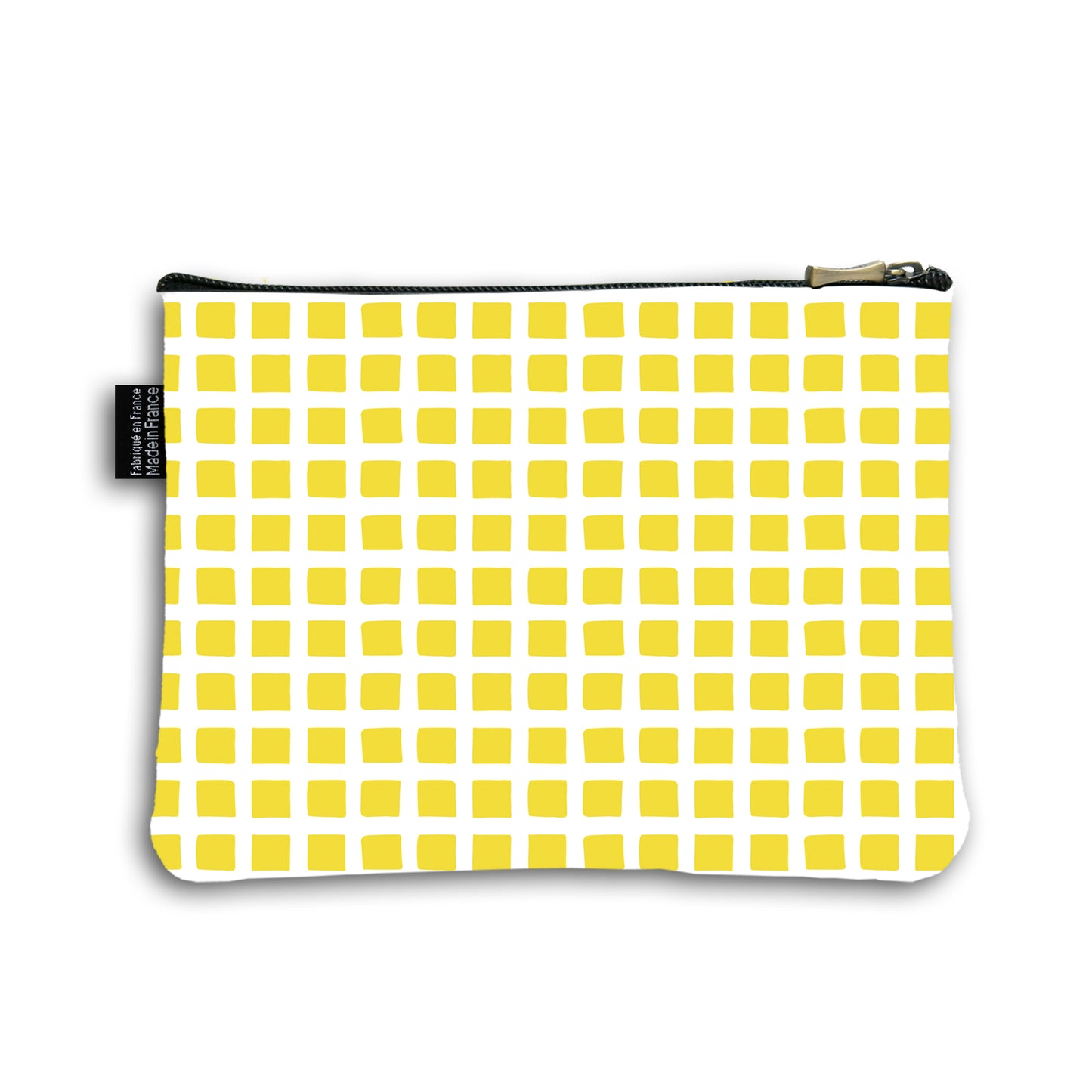 Dos de la pochette en coton de 18 centimètres par 23,50 centimètres. Pochette avec un zip noir et un curseur couleur bronze. Le fond de la trousse se compose de carrés jaunes.