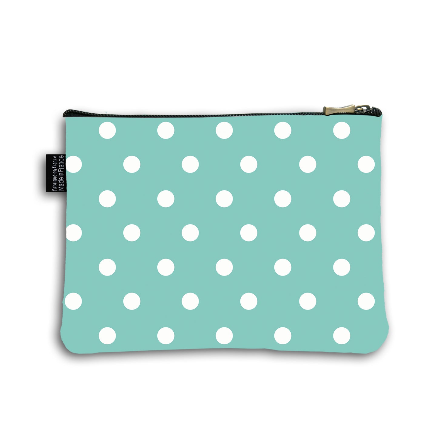 Dos de la pochette en coton de 18 centimètres par 23,50 centimètres. Pochette avec un zip noir et un curseur couleur bronze. Le fond de la trousse est bleu turquoise avec des pois blancs.